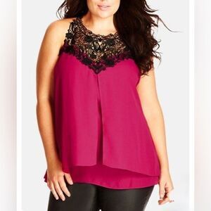 City Chic Sleeveless Chiffon and Lace Top in Bright Pink and Black - Size 16